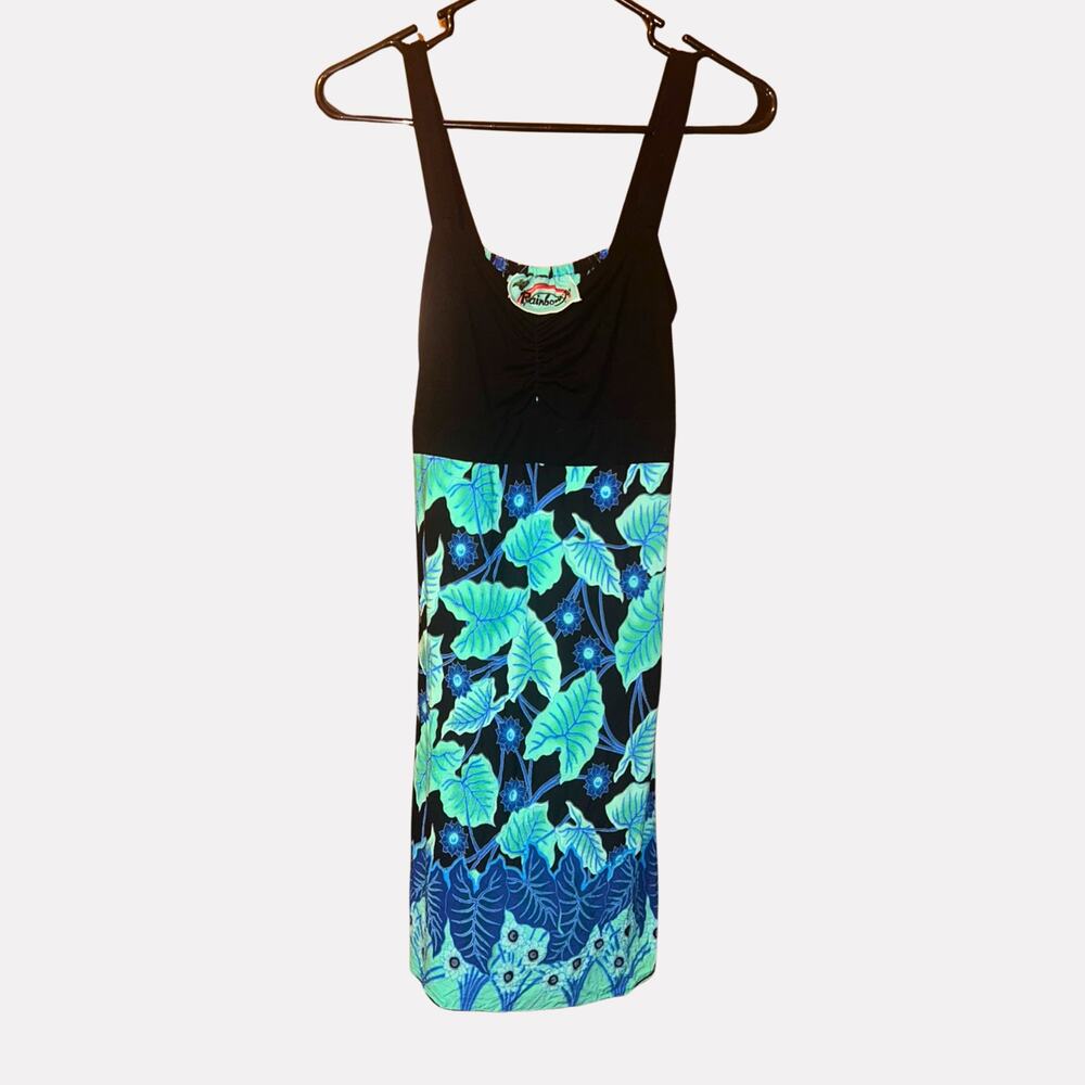Rainbow Jo Hawaii Blue Kalo Print Lycra Dress Size M Hand Silk Screened Rayon